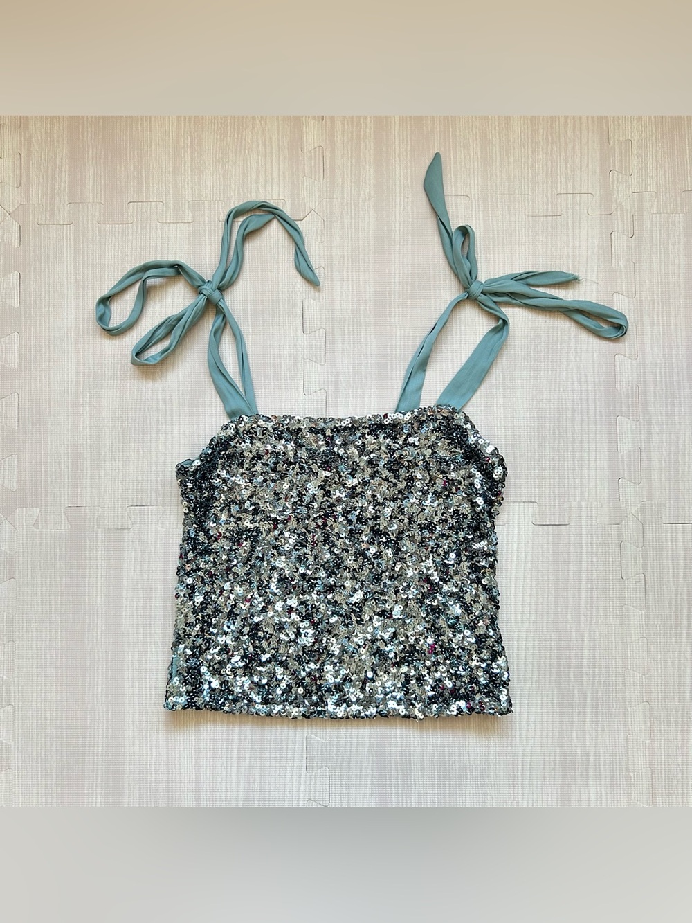 Women's Free People Hey Girl Sequin Cami Tie Strap Green Tank. XS